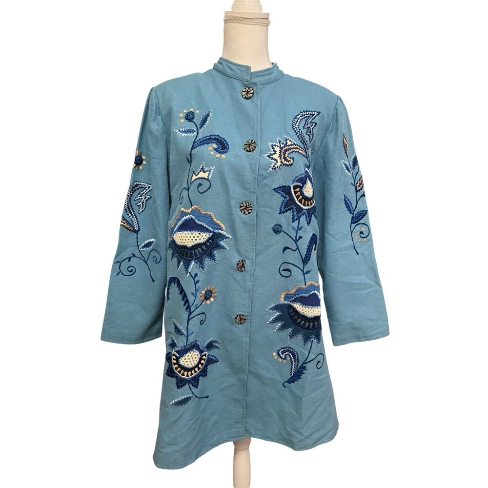Indigo Moon Embroidered Floral Long Jacket Blue Cotton Mandarin Collar Size S - Picture 5 of 12